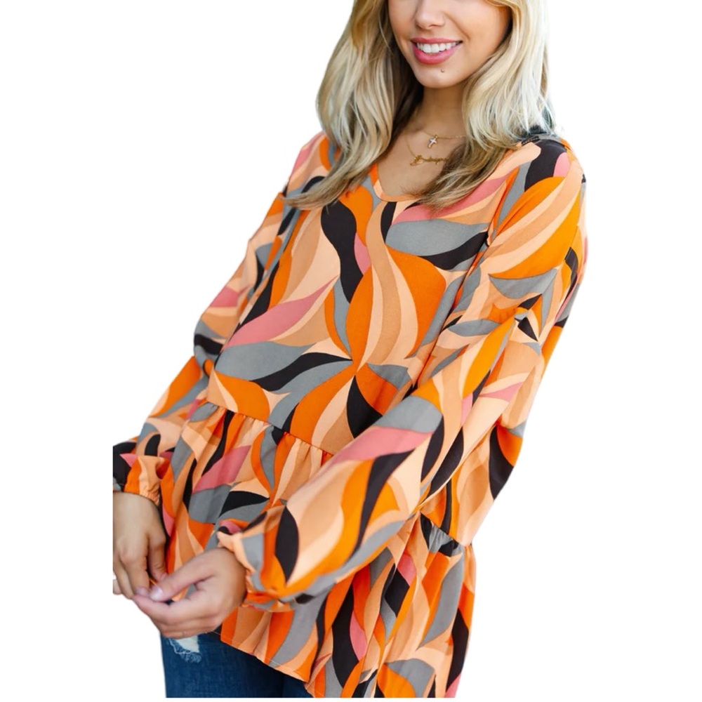 NEW HAPTICS RUST ABSTRACT PRINT V NECK PEPLUM TOP - Picture 9 of 10